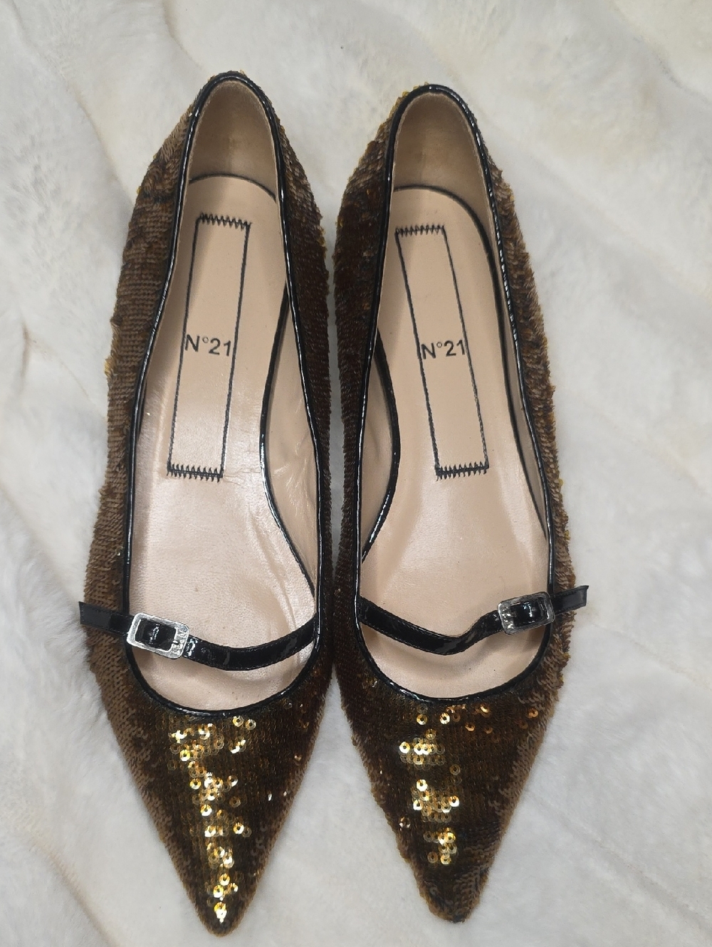 Women's Brown Sequin Pointed Flats with Buckle Strap